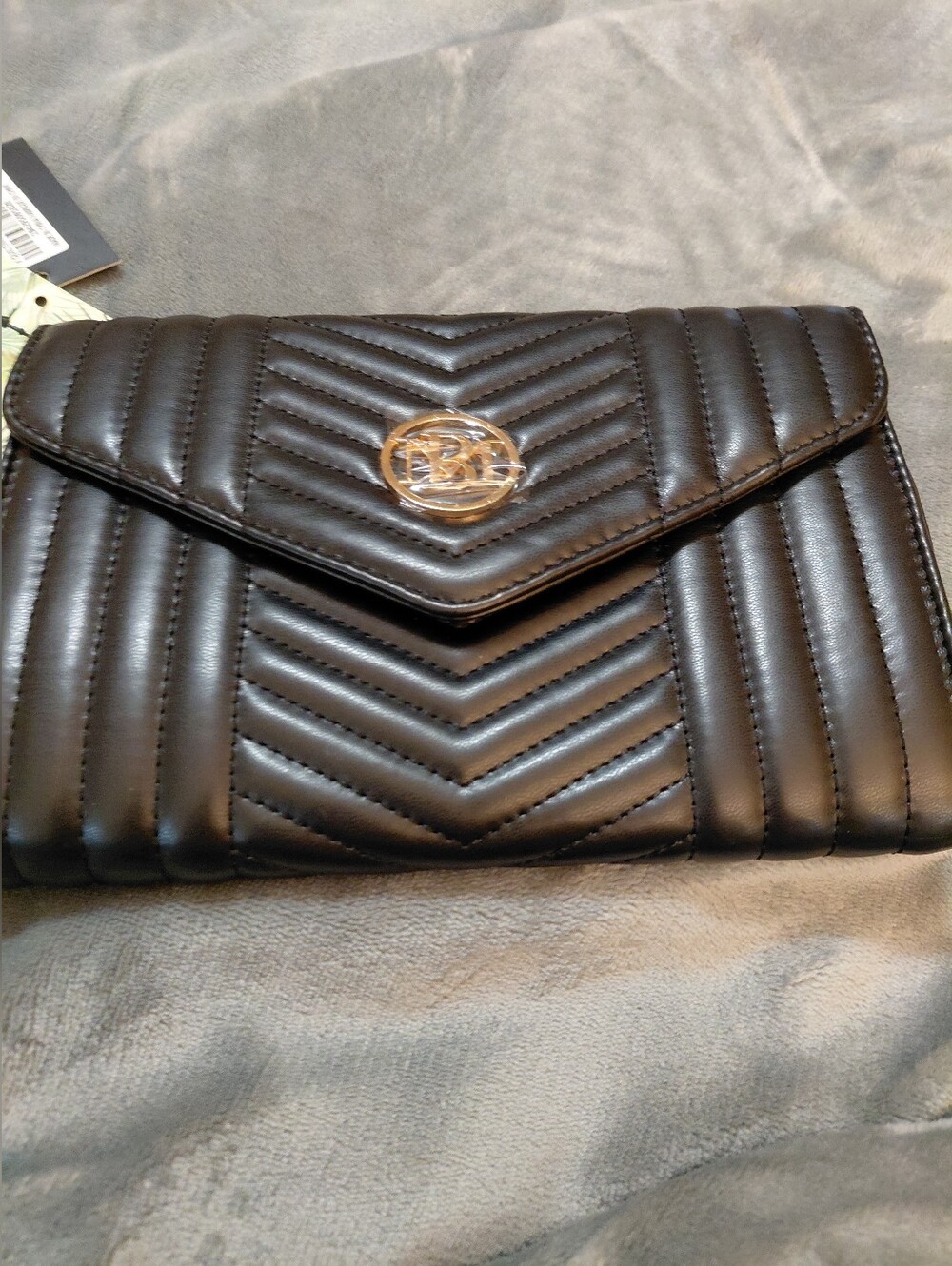 Quilted Black Leather Envelope Clutch with Gold Logo
